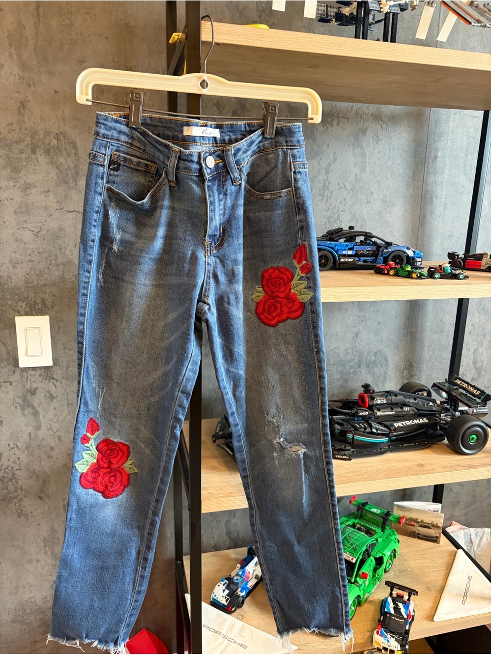 KanCan Dark Blue Distressed Ankle Jeans with Red Rose Embroidery